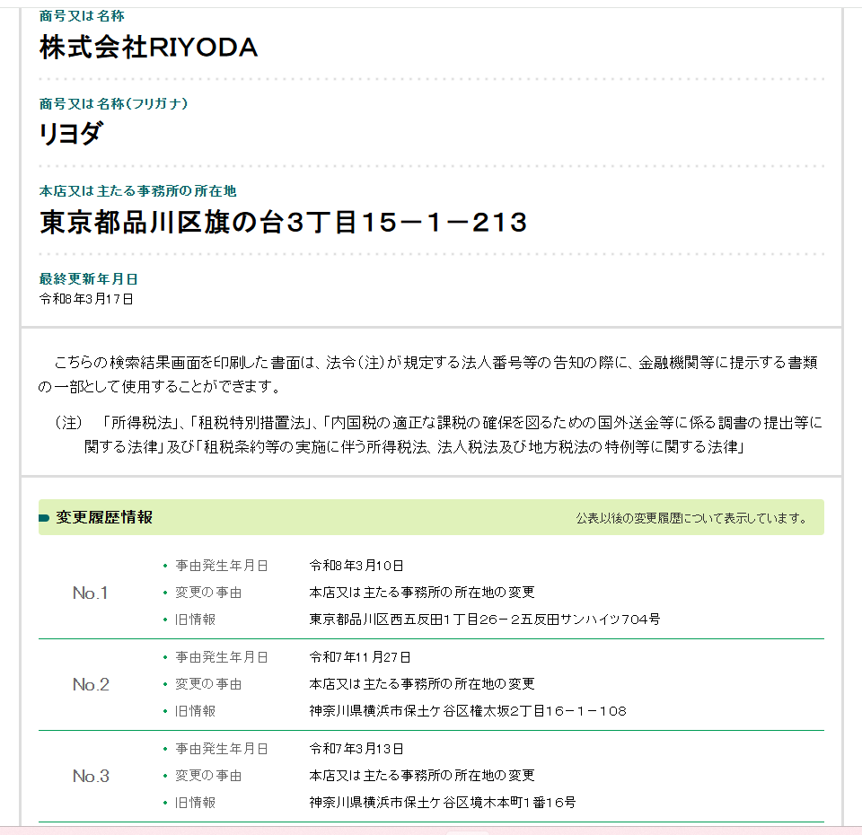 株式会社RIYODAの法人番号公表サイトに登録されている情報